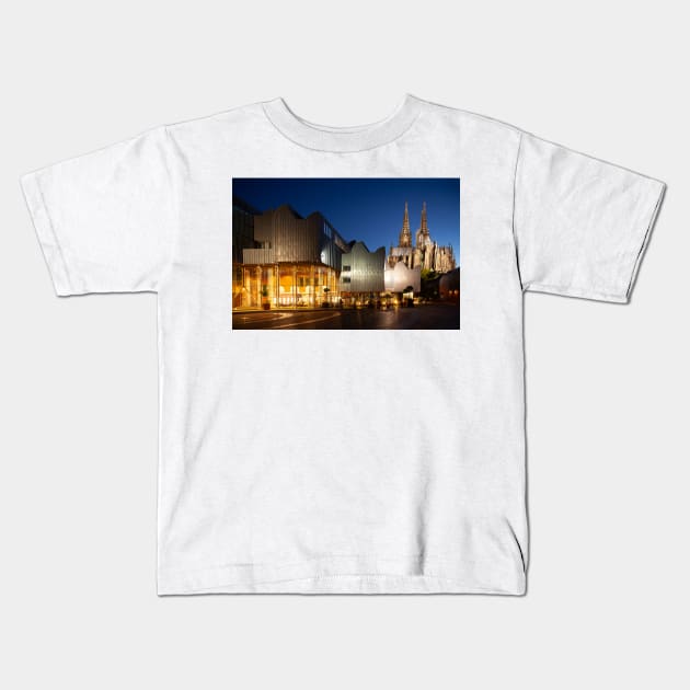 Cologne Cathedral and Philharmonic Hall at dusk, Cologne, Germany Kids T-Shirt by Kruegerfoto